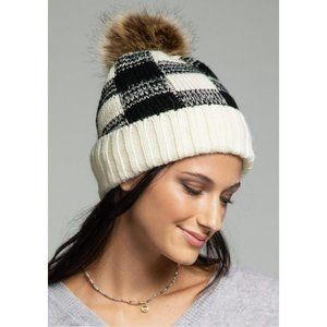Check Knit Pom Beanie - White/Black